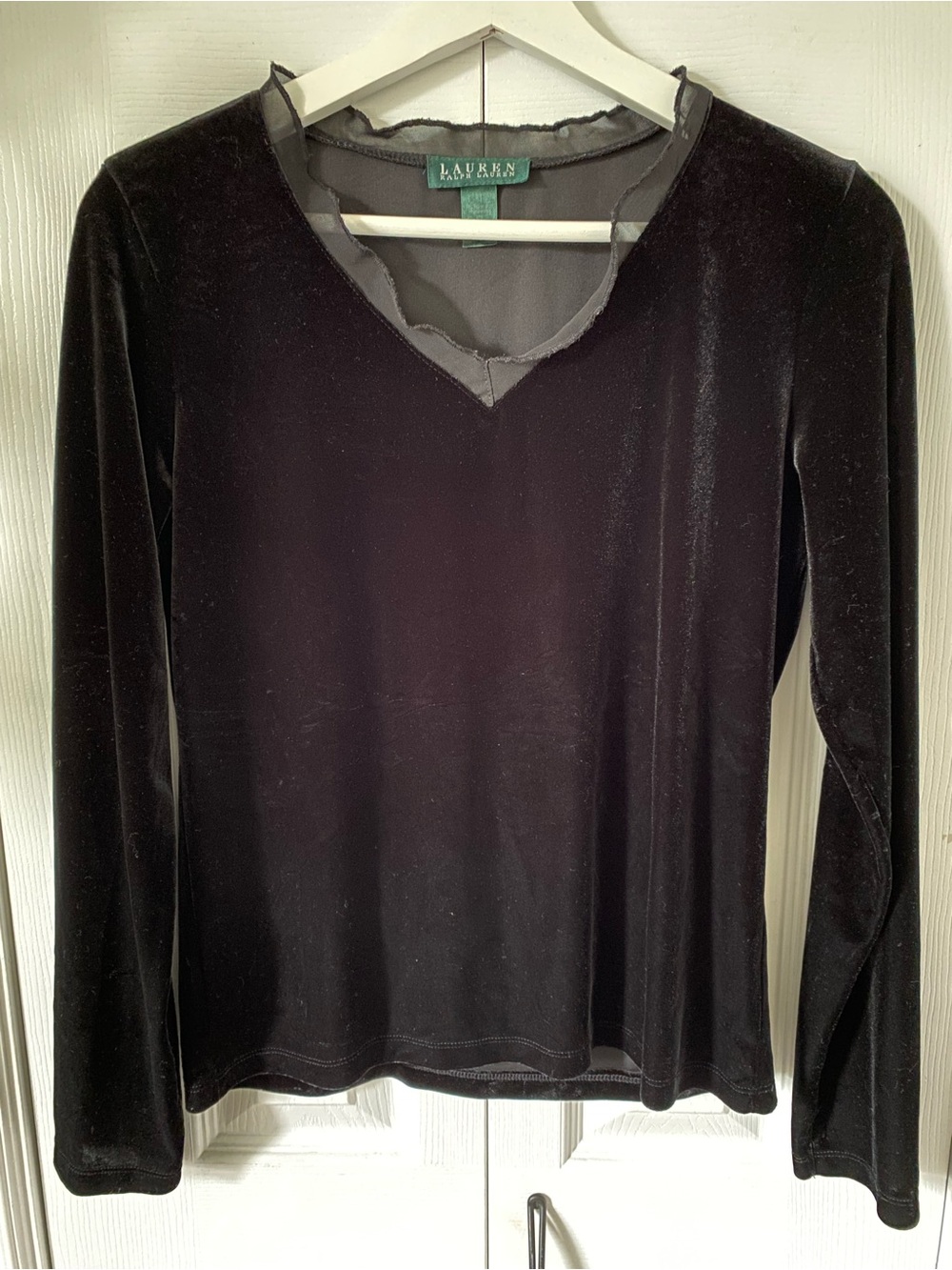 Ralph Lauren Classic Vintage Black Velvet Long-Sleeve chiffon ruffle v-neck S